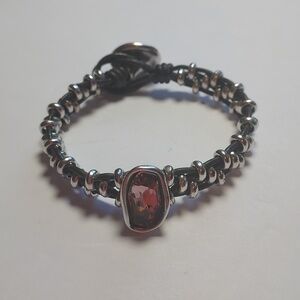 Uno De 50 Beaded Silver Bracelet With Pink Swarovski Crystal Leather Strap Boho